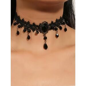 NWT Victorian Gothic Black Lace Choker Gemstone Crystal Pendant Necklace
